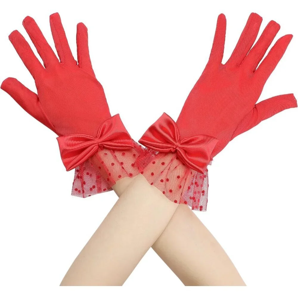 Women's Short Red Lace Bow  Polka Dots Gloves Mesh Wedding Tea Party Prom